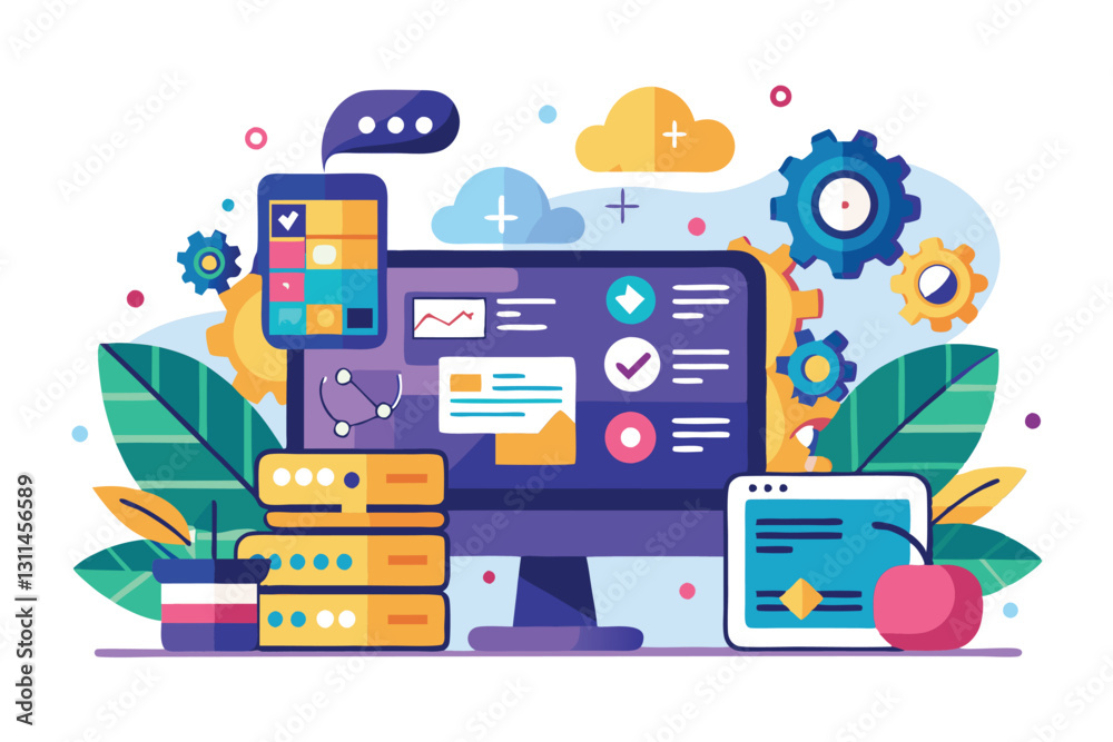 Poster a vibrant workspace showcases customizable programming tools, screens, gears, and coding activities,