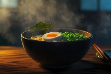 Delicious bowl of steaming ramen with soft-boiled egg and green onions placed outdoors in a natural setting during daylight