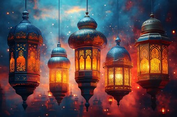 Obraz premium Ornate Lanterns Glowing Against a Dreamy Smoky Background