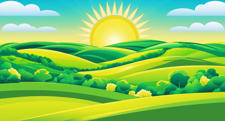 Obraz premium Vibrant summer nature scene with green fields, sunlit grass, and a blue sky horizon