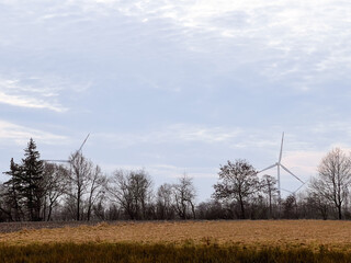 Wind turbines blade in a green field with blue sky in spring