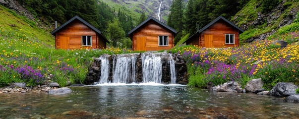 Fototapeta premium Waterfall stream with eco friendly concept. Scenic view of wooden cabins beside a waterfall and vibrant flowers in a lush green landscape.