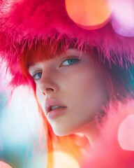 Ethereal Gaze: Captivating portrait of a young woman with striking eyes, adorned with a vibrant, feathery headwear, enveloped in a soft bokeh of enchanting lights and colors.