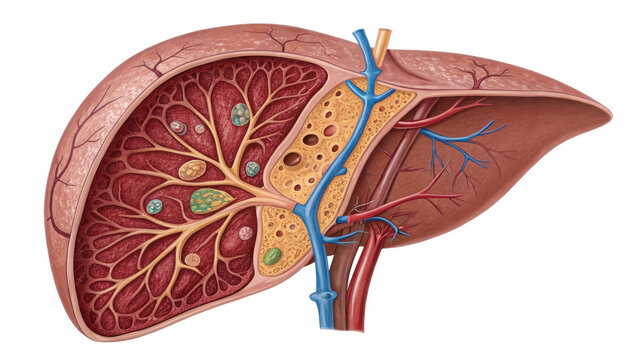 Cross section illustration of liver showing internal organ anatomy, including blood vessels and bile ducts. detailed view highlights liver complex structure and function