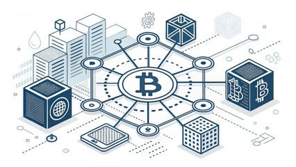 Blockchain technology illustration featuring decentralized network with Bitcoin symbol, showcasing interconnected nodes and digital elements