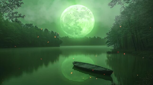 Mysterious Green Moon Over a Calm Lake with a Boat. Seamless looping video animation background