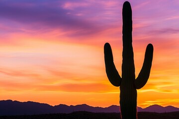 Desert and cactus seasonal concept. Silhouette of a cactus against a vibrant sunset sky with mountains in the background.