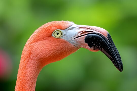 A close-up of a vibrant flamingo showcasing its striking features