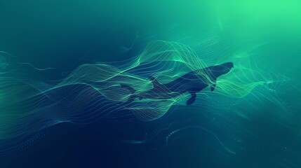 Naklejka premium A stylized silhouette of a shark swimming through a digital, abstract ocean.