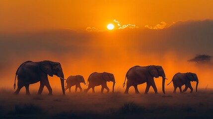 African Elephant Herd Silhouette at Sunset in the Savanna