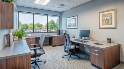 Modern office interior, two desks, window view, car park