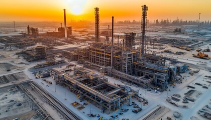 Aerial View of an Oil Refinery at Sunset