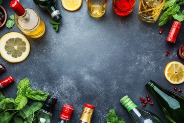 Refreshing Cocktail Ingredients Flatlay Dark Background Lemon Mint Bottles Bar Top Food View Party  