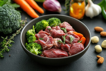 Close-up of a dark bowl filled with raw beef cubes, broccoli florets, and carrot slices.  Healthy food concept.