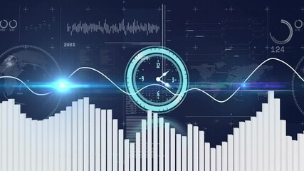 Animation of digital graphs and world map with clock and data visualization - Powered by Adobe