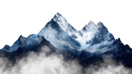"A dramatic scene of rugged mountains with snow-capped peaks, isolated on a transparent background.