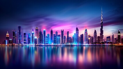 Obraz premium Vibrant Smart City Skyline with Interconnected Buildings at Dusk