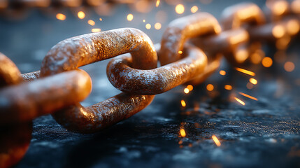 Rusty chain links breaking apart, sparks flying, dark background. Possible use stock photo for strength, freedom, or industrial themes