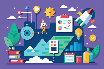 Obraz premium A colorful layout showcasing graphs, tools, and visual elements for customizable project progress tracking, Progress overview Customizable Flat Illustration