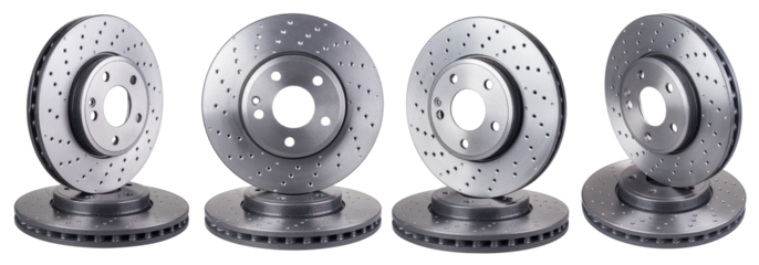 Set collection of high-performance car brake disc rotors isolated white background. automotive carp spare parts tuning and service concept