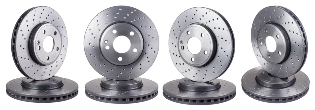 Set collection of high-performance car brake disc rotors isolated white background. automotive carp spare parts tuning and service concept