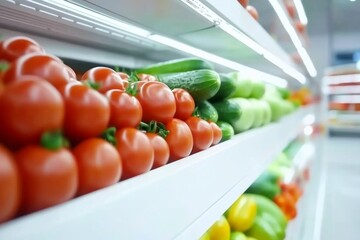 Fresh tomatoes and cucumbers displayed on supermarket shelves