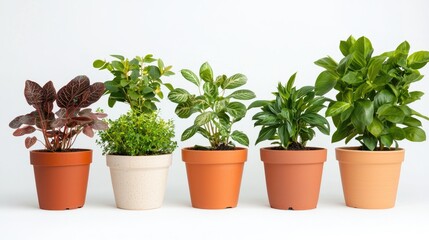 Assorted Indoor Plants in Colorful Pots on a Light Background