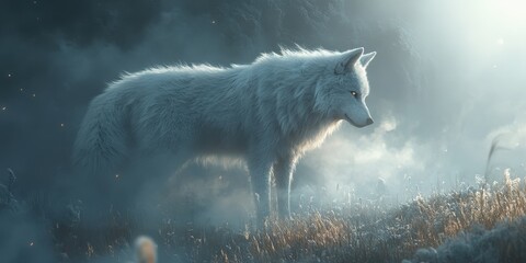 A majestic white wolf stands alone in a misty field, its striking fur contrasting sharply with the...