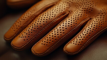 A brown leather glove features intricate perforations and texture