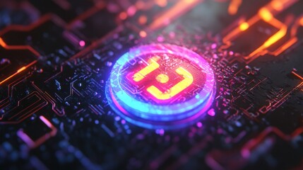 A futuristic, digital startup symbol with a semi-transparent power-on icon radiating vibrant, shifting colors in the dark.