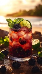 blackberry artisan mojito cocktail in a glass on the beach