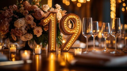  Elegant 19th Celebration With Illuminated Centerpiece and Floral Decor