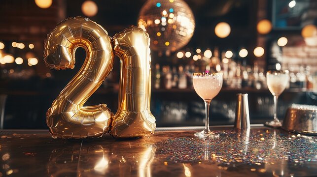 21st Birthday Party With Gold Balloons and Cocktails at a Bar
