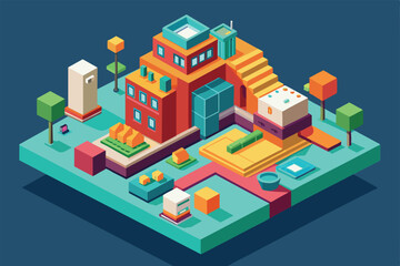A colorful isometric projection features geometric buildings, stairs, and trees arranged in a dynamic setting, Projections Customizable Isometric Illustration