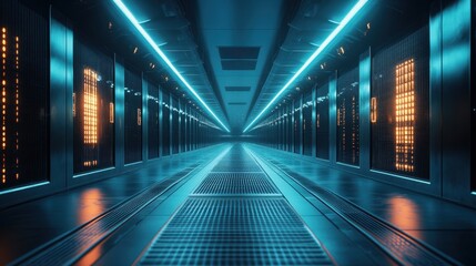 Obraz premium Futuristic Server Room Interior with Bright Blue and Orange Neon Lights