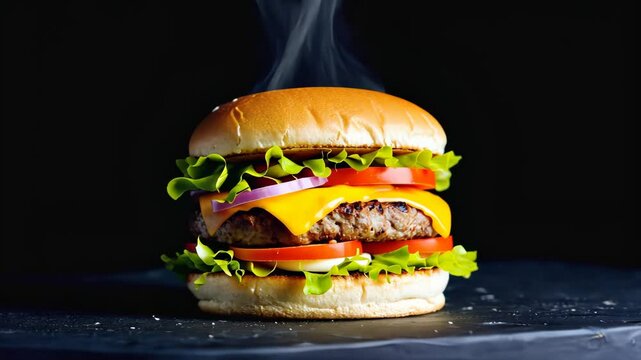 A freshly grilled cheeseburger with a juicy beef patty, melted cheese, lettuce, tomato, and onions, creating the ultimate comfort food. Ideal for fast food, BBQ, street food, and gourmet burger themes