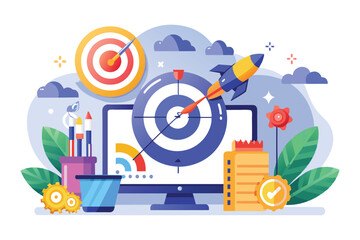 A vibrant workspace showcases targets, tools, and a computer, symbolizing a project launch, Project launch target