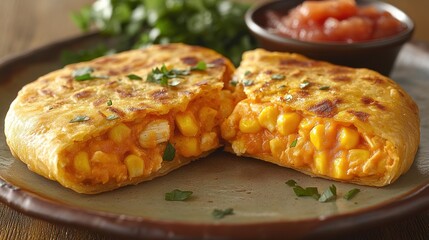 Corn & Chicken Stuffed Flatbread, Salsa, Plate
