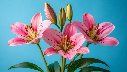 Fototapeta premium Pink Lily Flowers Isolated, Flowers. on a Vivid Blue Background with Copy Space for Your Text