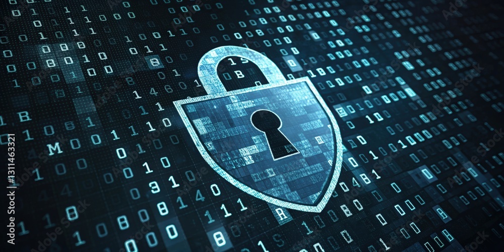 Poster a digital lock symbol over a backdrop of binary code, representing cybersecurity and data protection