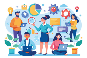 A team is engaged in project management planning discussions, utilizing laptops and visual aids to strategize, business woman and project planning, project management