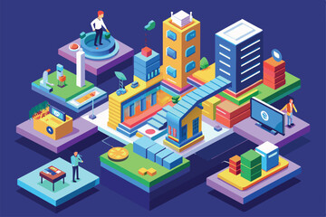 The artwork features customizable project stages with people in various activities set in a lively urban scene, Project stages Customizable Isometric Illustration