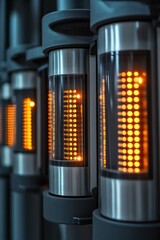 Row of cylindrical energy cells with glowing LED indicators, prepared for efficient power storage and usage.