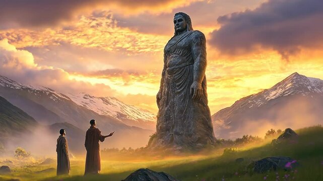 Two figures stand before a colossal statue at sunset in a mountainous landscape, contemplating its grandeur and significance