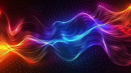 Obraz premium An abstract background with vibrant, glowing waves in blue, red, and yellow against a dark starry backdrop.