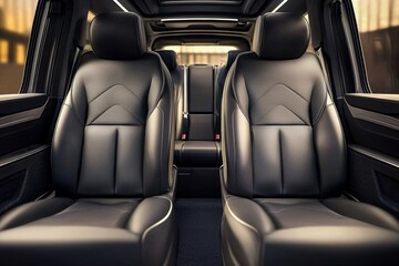 Contemporary design of premium vehicle's back passenger seating captured from the front.