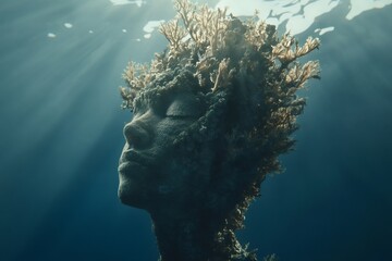 Underwater Reverie: A serene face emerges from the deep, adorned with coral, conveying a sense of mystery, peace, and the captivating beauty of the ocean depths.
