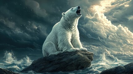 A regal polar bear perches on a rocky ledge amidst churning waves, fur billowing like snowflakes caught in a tempestuous sky; its open mouth echoes the ocean's roar.  
