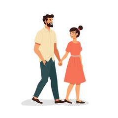 Man and woman walking hand in hand. Romantic couple in pastel colors. Vector graphics.