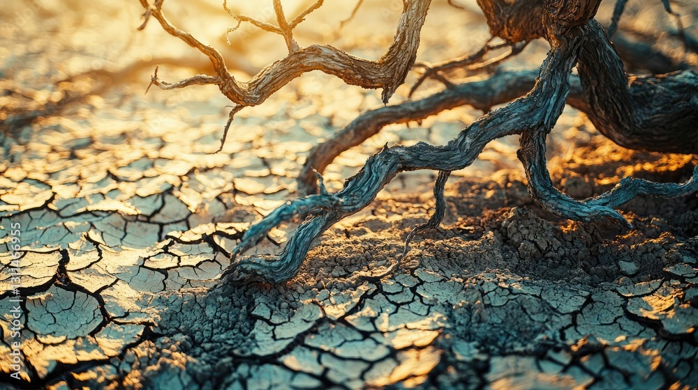 Poster climate change drought idea. close-up view of cracked earth with dry roots, showcasing resilience in